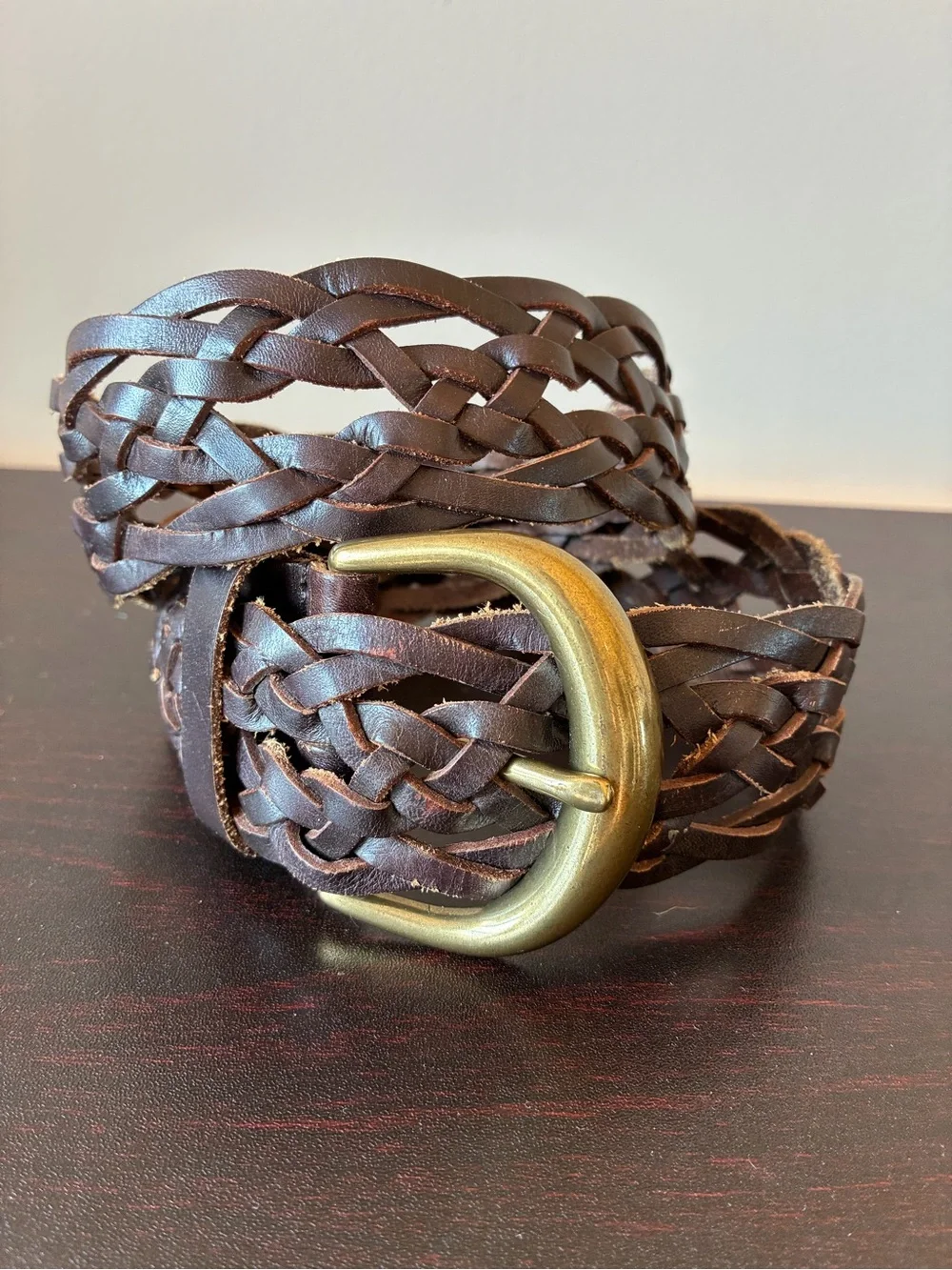 Brown leather casual woven belt brass buckle